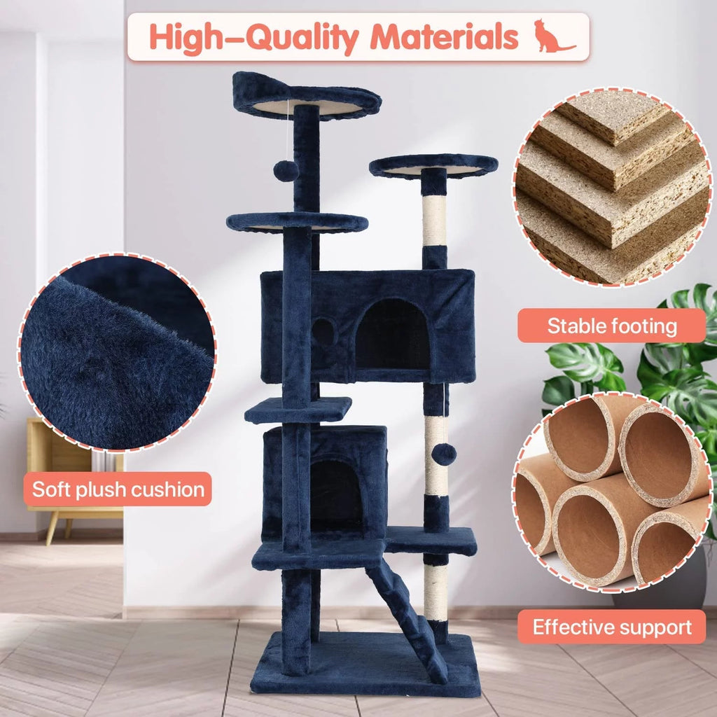 54 - In Double Condo Cat Tree Tower Playhouse with Scratching Post & Perch for Indoor, Navy Blue - Simply_Atlas