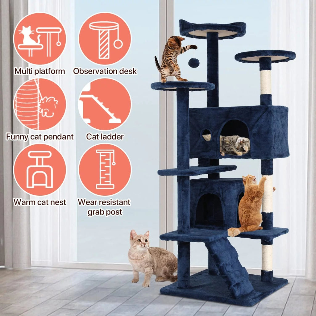 54 - In Double Condo Cat Tree Tower Playhouse with Scratching Post & Perch for Indoor, Navy Blue - Simply_Atlas