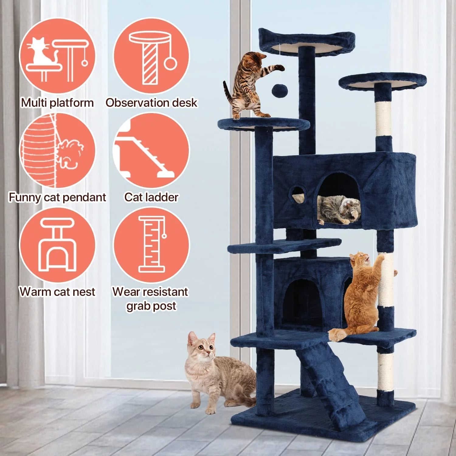 54 - In Double Condo Cat Tree Tower Playhouse with Scratching Post & Perch for Indoor, Navy Blue - Simply_Atlas