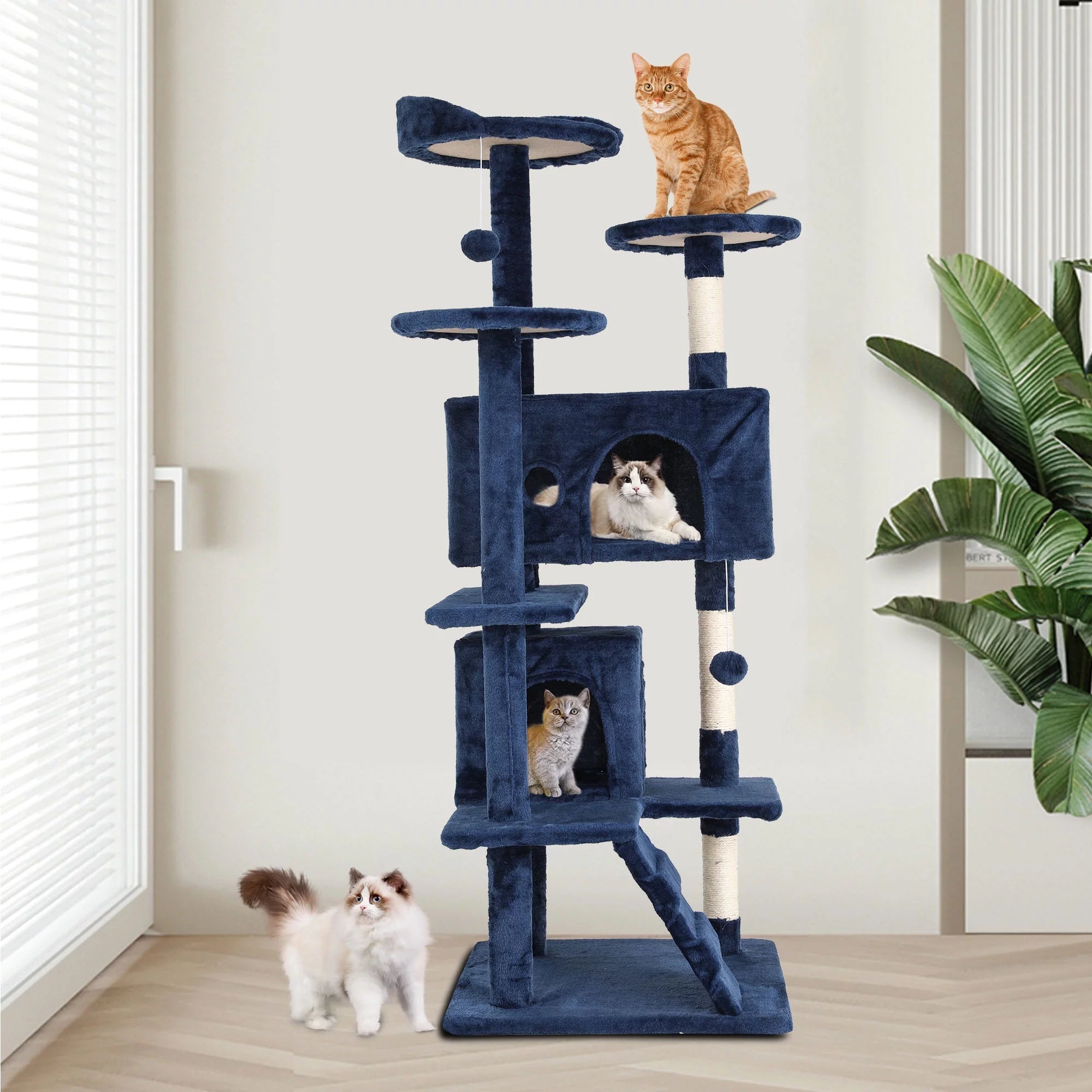 54 - In Double Condo Cat Tree Tower Playhouse with Scratching Post & Perch for Indoor, Navy Blue - Simply_Atlas