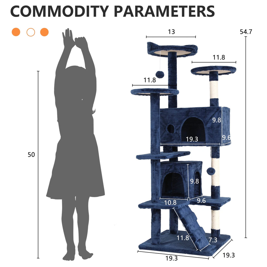 54 - In Double Condo Cat Tree Tower Playhouse with Scratching Post & Perch for Indoor, Navy Blue - Simply_Atlas