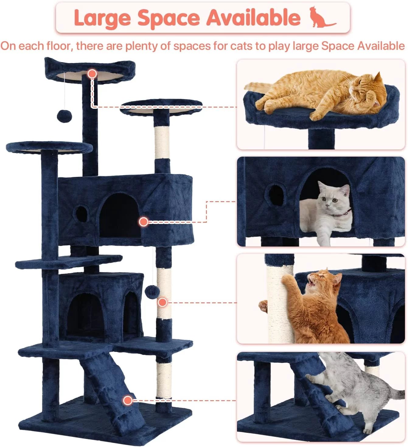 54 - In Double Condo Cat Tree Tower Playhouse with Scratching Post & Perch for Indoor, Navy Blue - Simply_Atlas
